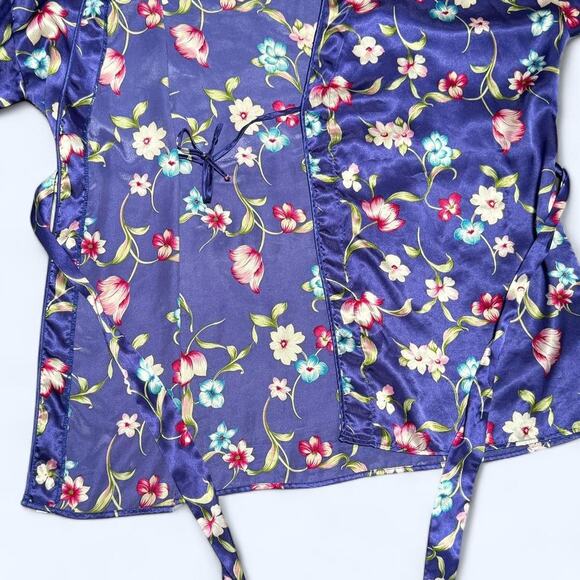 Vintage 80s Vassarette Satin Floral Kimono Robe Belted Lounge Sleepwear - Picture 5 of 8